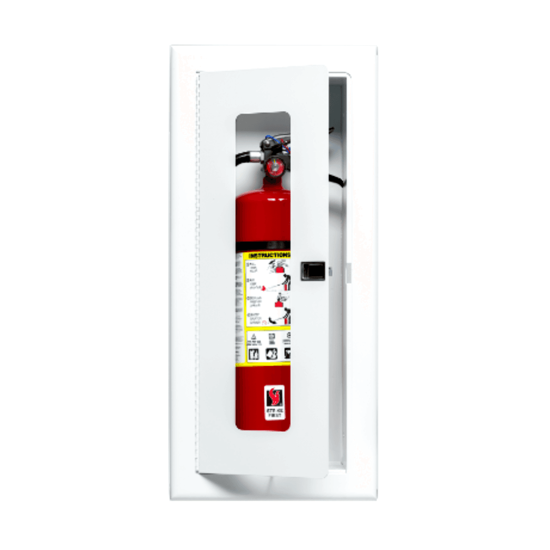 5lb Semi-Recessed Fire Extinguisher Cabinet - White with Glass Door & 1" Trim